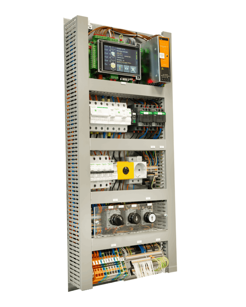 Seitliche Ansicht auf die Elvatronik Aufzugsteuerung EVA Smart zur Modernisierung des Schindler Smart.